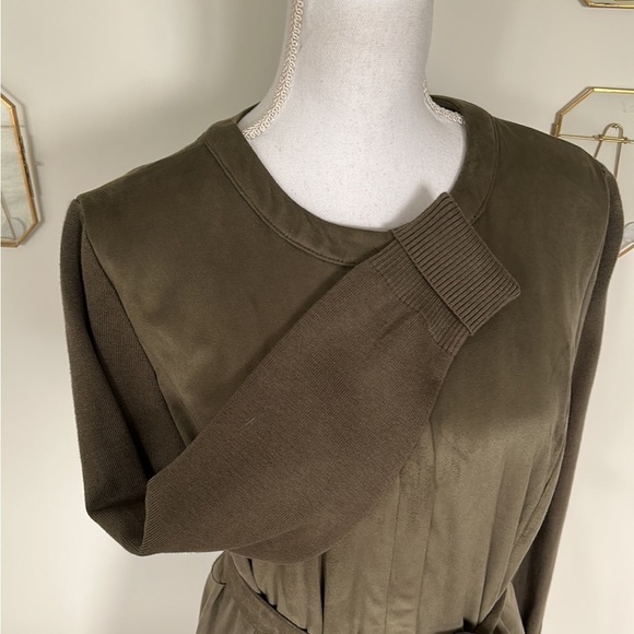 H by Halston Olive Green Faux Suede Knit Sleeve Belted Collarless Jacket Size 8 - Picture 4 of 16